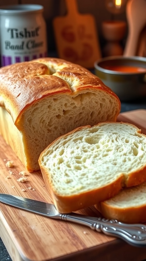 A golden-brown loaf of gluten-free bread sliced on a wooden board, showcasing its fluffy texture.